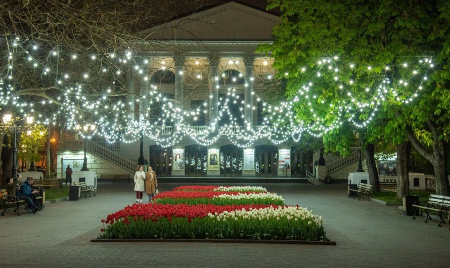 Ночной Севастополь: тюльпаны у театра Луначарского